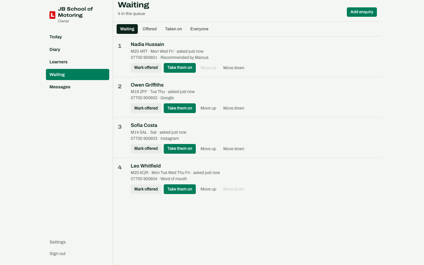 The Waiting screen, showing enquiries in a queue with their preferred days and times.